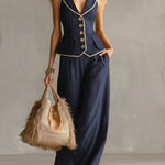 Women's Slim-fit Linen And Cotton Vest And Trousers Two-piece Set