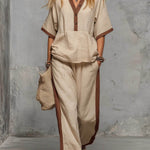 Women's V-neck 3/4 Sleeve Casual Loose Cotton And Linen Top And Elastic Waist Casual Loose Wide-leg Pants Cotton And Linen Set.