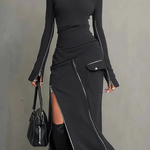 Stylish Casual Zipper Design Tops And Irregular Skirt Stretch Set