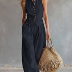 Women's Solid Color Stand-collar Sleeveless Casual Loose Cotton And Linen Top, And High-waisted Casual Loose Wide-leg Pants Set.