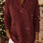 Christmas Party Polo Collar Shiny Loose Sweater Top