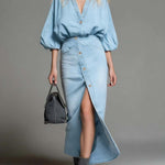 Women's V-neck 3/4 Sleeve Denim Top And High-waisted Casual Loose Denim Skirt Set