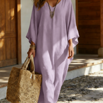 Elegant V-neck Linen-cotton Kaftan Dress