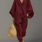 Women's Solid Color V-neck Long Sleeve Casual Loose Cotton Linen Top With Elastic Waist And Wide-leg Pants Set