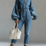 Women's V-neck Long-sleeved Casual Loose Denim Wide-leg Jumpsuit