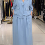 Women's Solid Color Lapel Long-sleeved Casual Loose Cotton And Linen Top And Elastic Waist Casual Loose Cotton And Linen Skirt Set.