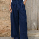 Women's Solid Color High-waisted Pleated Casual Loose Cotton And Linen Wide-leg Pants