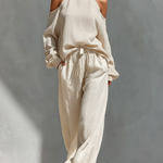 Elegant Cozy Stand Collar Shirt And Wide-leg Pants Two-piece Set