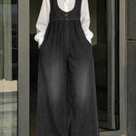Women's U-neck Simple Sleeveless Casual Loose Denim Wide-leg Jumpsuit