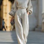 Women's Linen And Cotton Top And Trousers Two-piece Set