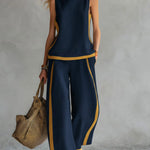 Women's Round Neck Sleeveless Casual Loose Top And High-waisted Loose Wide-leg Pants Cotton And Linen Set.