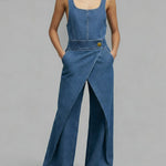 Women's Square-neck Sleeveless Loose-fitting Denim Wide-leg Jumpsuit