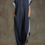 Women's Relaxed Stand-collar Short-sleeved Casual Loose Cotton Wide-leg Jumpsuit