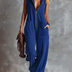 Women's Solid Color Sleeveless Casual Loose Hooded Cotton Wide-leg Jumpsuit