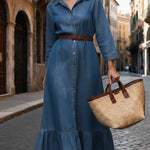 Elegant Ruffled Hem 100% Cotton Denim Dress