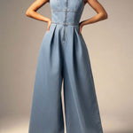 Women's Sleeveless Front-zip Wide-leg Denim Jumpsuit