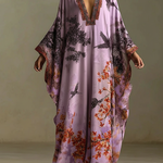 Elegant Red Maple Blossom And Bird Art Print Long Robe Dress