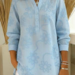 Romantic Floral Embroidered Henley Collar Split Hem Shirt