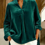 Women's Solid Color V-neck Long Sleeve Casual Loose Velvet Top
