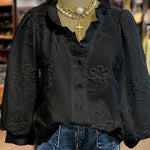 Women's Vintage Flower Art Print Casual Cotton And Linen Ruffle Shirt