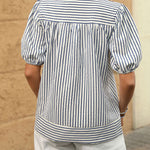 Women's V-neck Puff Sleeve Striped Shirt