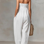 Women's Solid Color Strapless Casual Loose Cotton And Linen Jumpsuit