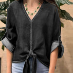 Women's V-neck Long-sleeved Tie-waist Loose-fitting Denim Top