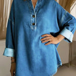 Women's V-neck Long-sleeved Loose-fitting Denim Top