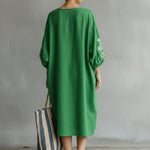 Long-sleeved Linen And Cotton Dress With Printed Cuffs And V-neck.