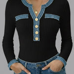 Casual Patchwork Denim Webbing Knit Top