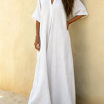 Women's Solid Color Casual V-Neck Cotton Linen Maxi Dress