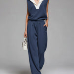 Women's Lapel Sleeveless Casual Loose Top And Elastic Waist Loose Wide-leg Pants Cotton Set