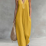 Women's Solid Color V-Neck Halter Neck Sleeveless Casual Loose Cotton Linen Wide-Leg Jumpsuit