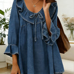 Women's Ruffled V-neck 3/4sleeved Loose-fitting Denim Top