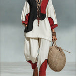 Casual Artistic Color-blocked Linen And Cotton Top And Pants Two-piece Set