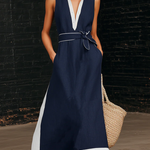 Retro Color-blocked Lapel Maxi Dress With Belt