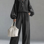 Women's V-neck Long-sleeved Casual Loose Denim Top And High-waisted Loose Wide-leg Denim Pants Set.