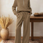 Women's Two-piece Set Half-zip Sweatshirt Wide-leg Pants Casual Suit.
