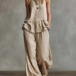 Women's Round Neck Sleeveless Casual Loose Cotton Top And High Waist Casual Loose Wide Leg Pants Set