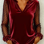 Women's V-neck Lace Patchwork Long Sleeve Velvet Top