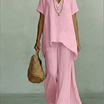 Classic Casual Short-sleeved Linen And Cotton Top And Wide-leg Pants Two-piece Set