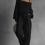 Women's Cozy Openwork Knit Top And Linen-cotton Pants Two-piece Set.