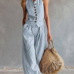Women's Solid Color Stand-collar Sleeveless Casual Loose Cotton And Linen Top, And High-waisted Casual Loose Wide-leg Pants Set.