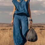 Women's Solid Color Stand-collar Sleeveless Casual Loose Faux Suede Wide-leg Pants Set