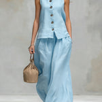 Comfortable And Casual V-neck Sleeveless Button-down Top And Trousers Set