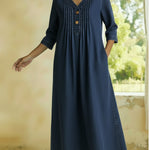 Casual V-neck Pleated Button-down Denim Dress