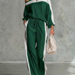 Women's Square-neck Off-the-shoulder Long-sleeved Loose-fitting Top And Elastic-waist Loose-fitting Wide-leg Pants Cotton And Linen Set.
