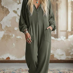 Casual Cozy Loose Hooded Button-up Cotton Jumpsuit