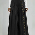 Casual Denim Wide-leg Pants With Metal Ring Embellishments.