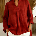 Women's Solid Color V-neck Long Sleeve Casual Loose Cotton Top